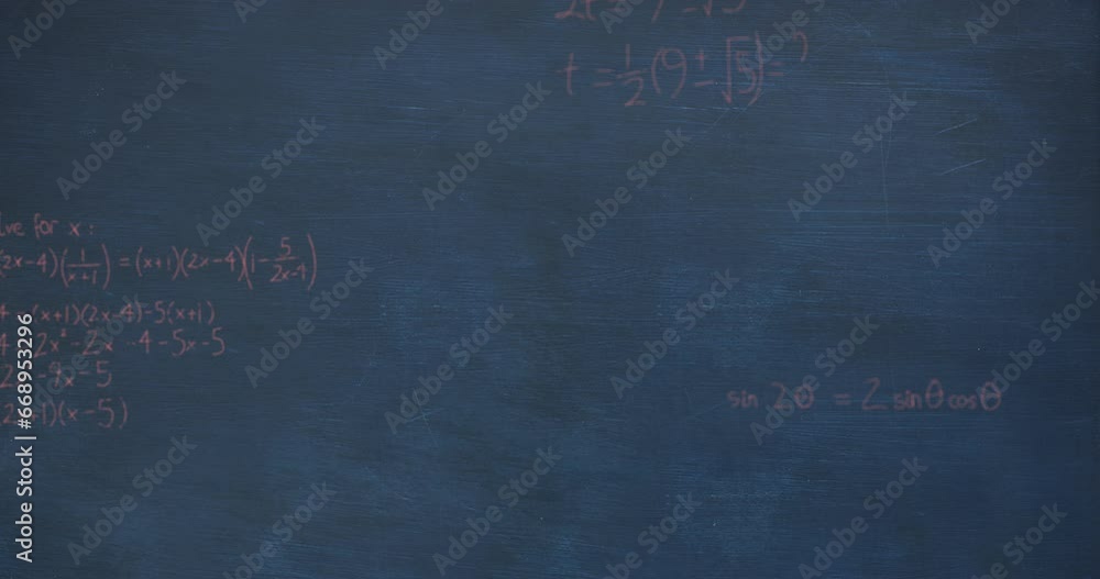 Poster animation of mathematical equations and formulas floating against blue chalkboard background