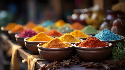 Colorful spices powders and herbs in traditional street market