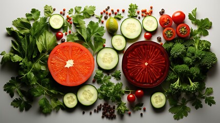 tomato slice, onion, cucumber, basil leaves. Flat lay, top view. Food concept. Vegetables isolated...