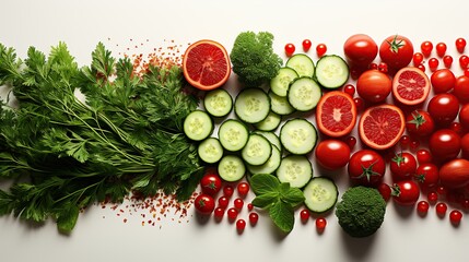 tomato slice, onion, cucumber, basil leaves. Flat lay, top view. Food concept. Vegetables isolated...