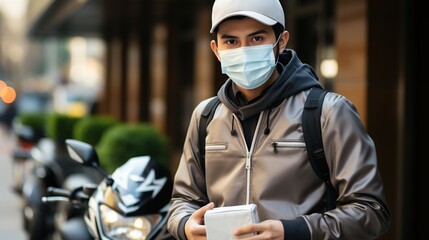 Delivery man on entrance of house background , delivery man in protective mask 