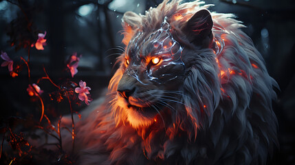 This image features a digital painting of a lion surrounded by pink flowers. This artwork captures a serene and mysterious atmosphere with a dark background, probably depicting a night scene in a fore