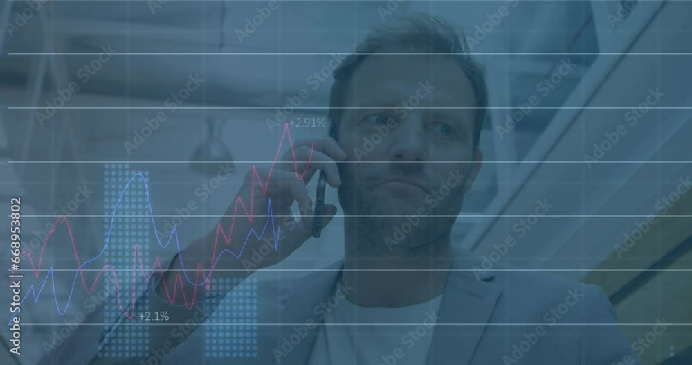 Poster animation of statistical data processing over caucasian businessman talking on smartphone at office