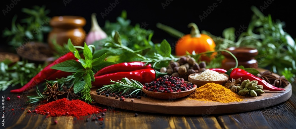 Canvas Prints Assorted spices on table Basil red pepper chili turmeric salt on plate Turmeric on table