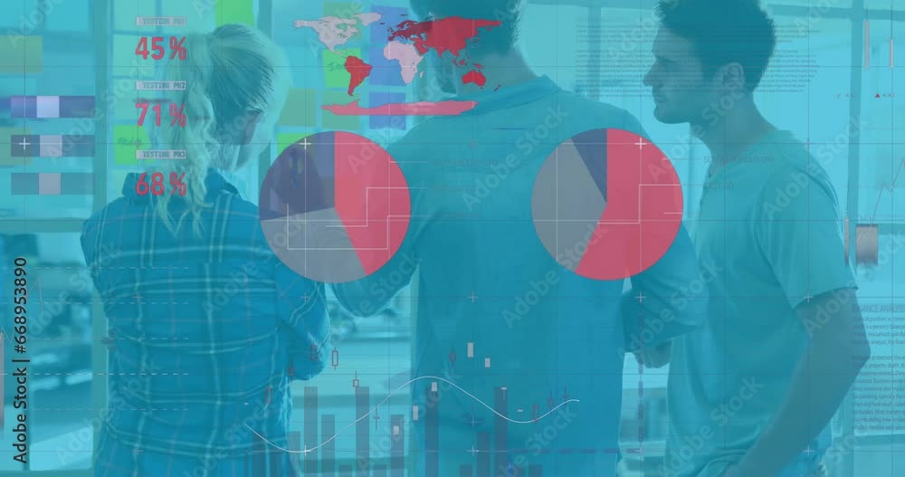 Poster animation of statistical data processing on diverse colleagues discussing over memo notes at office