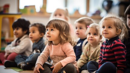 Group of small nursery school children sitting and listening to teacher on floor indoors in classroom. - obrazy, fototapety, plakaty