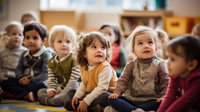 Group of small nursery school children sitting and listening to teacher on floor indoors in classroom.
