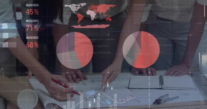 Animation of statistical data processing on mid section of colleagues discussing over plan at office