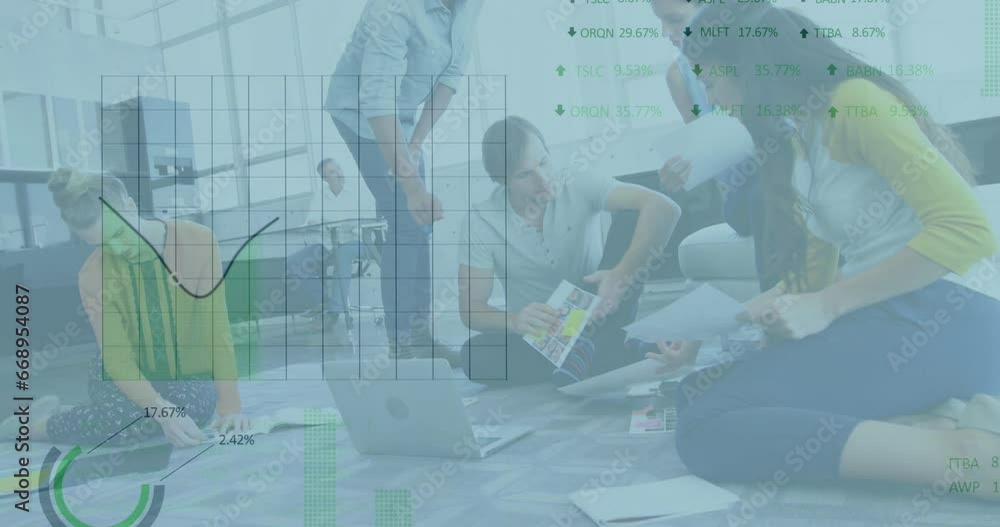 Poster animation of stock market data processing over team of diverse colleagues discussing at office
