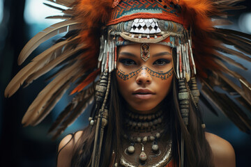 Portrait of a beautiful young American Indian indigenous woman with feathers on head and pattern on face outdoors