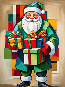 cubism painting of santa claus on winter Christmas eve