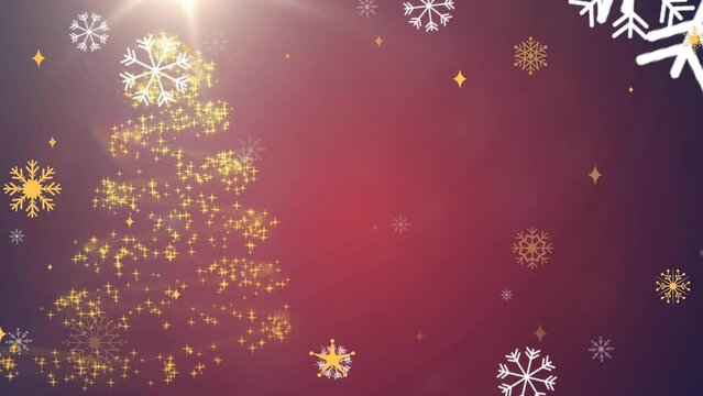 Animation of snowflakes falling over shooting star forming a christmas tree against red background