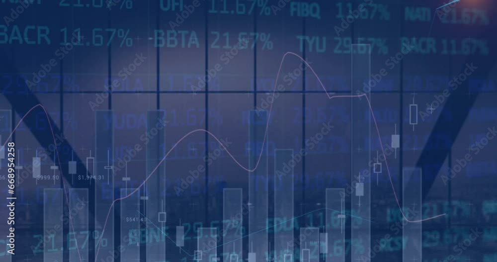 Aufkleber animation of statistical, stock market data processing against view of cityscape from office window