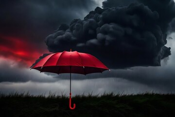 Red umbrella against the storm, sky background and black cloud group and rain