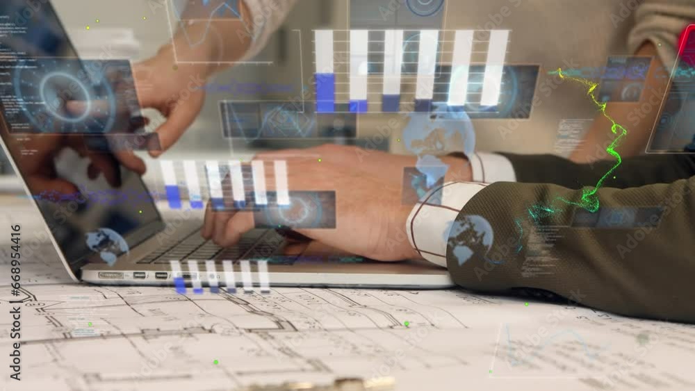 Poster animation of statistical data processing over mid section of man and woman discussing over a laptop