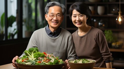 Naklejka premium Happy man and woman positive, Mature man with healthy food, Portrait Asian Senior man eating a salad in house, Old elderly male health care eat vegetables and useful foods