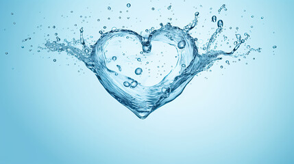  Heart Shape splashing in water over light blue background. Symbolizing hydration, clean water and water conservation.