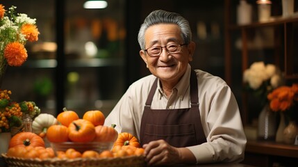 Happy man and woman positive, Mature man with healthy food, Portrait Asian Senior man eating a salad in house, Old elderly male health care eat vegetables and useful foods