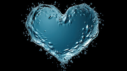 Water in the shape of a heart wit tiny ripples over black background. Symbolizing hydration, clean water and water conservation. - obrazy, fototapety, plakaty
