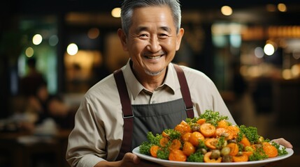 Happy man and woman positive, Mature man with healthy food, Portrait Asian Senior man eating a salad in house, Old elderly male health care eat vegetables and useful foods - obrazy, fototapety, plakaty