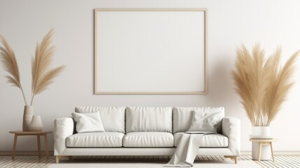 Fototapeta na wymiar Modern living room interior background, beige sofa with pampas grass and Blank horizontal poster frame mock up.