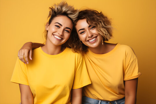 Youthful Energy, Two Women in Yellow Shirts, Smiling Against a Matching Background, Exude Relatable Personality and Vibrant, Fluid Color Combinations