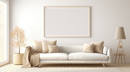Modern living room interior background, beige sofa with pampas grass and Blank horizontal poster frame mock up.