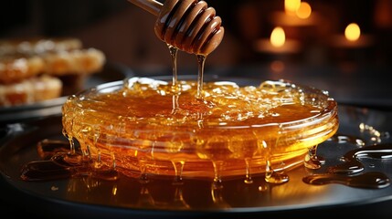 Honey dripping from honey dipper in wooden bowl. Close-up. Healthy organic Thick honey dipping from the wooden honey spoon, closeup - obrazy, fototapety, plakaty