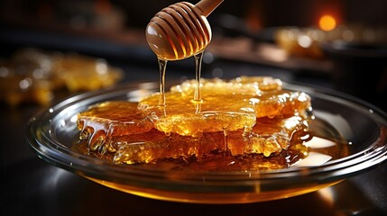 Honey dripping from honey dipper in wooden bowl. Close-up. Healthy organic Thick honey dipping from the wooden honey spoon, closeup