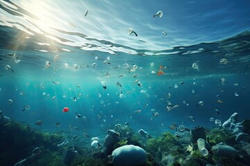 Fototapeta na wymiar Underwater scene with fishes and coral reef. 3d render, Plastic pollution in the sea. Global warming concept. 3d rendering, AI Generated