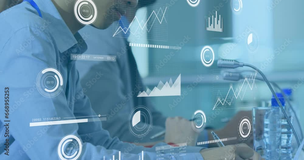 Poster Animation of interface with statistical data processing over asian man taking notes at office
