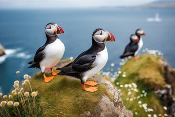 Puffins on a cliff in the Faroe Islands, Denmark, Puffins sitting on a rock in front of the sea, AI Generated - obrazy, fototapety, plakaty