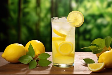 Lemonade with ice and lemon slices on wooden table on natural background, Quench your thirst with a revitalizing lemon ice refresher, a perfect summer drink in a tall glass, AI Generated - obrazy, fototapety, plakaty