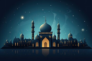 Mosque on the background of the night city. Vector illustration, Ramadan Kareem background with mosque and crescent moon. Vector illustration, AI Generated