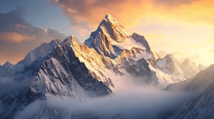 Naklejka na ściany i meble Mountain peak landscape with snow and clouds at sunrise
