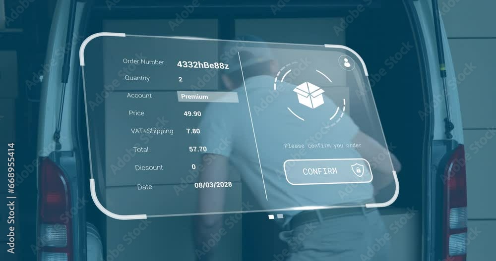 Poster animation of data processing against caucasian delivery man unloading boxes from his delivery van