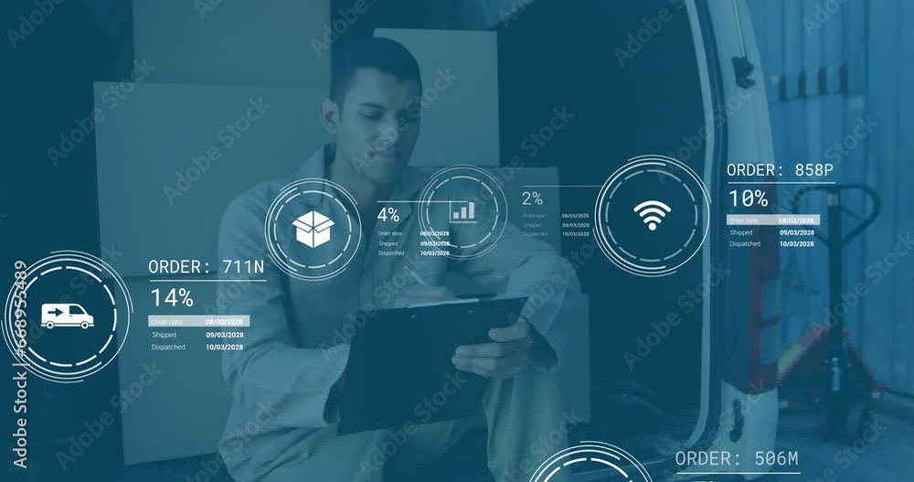Poster animation of data processing against caucasian delivery man wiriting on clipboard in delivery van