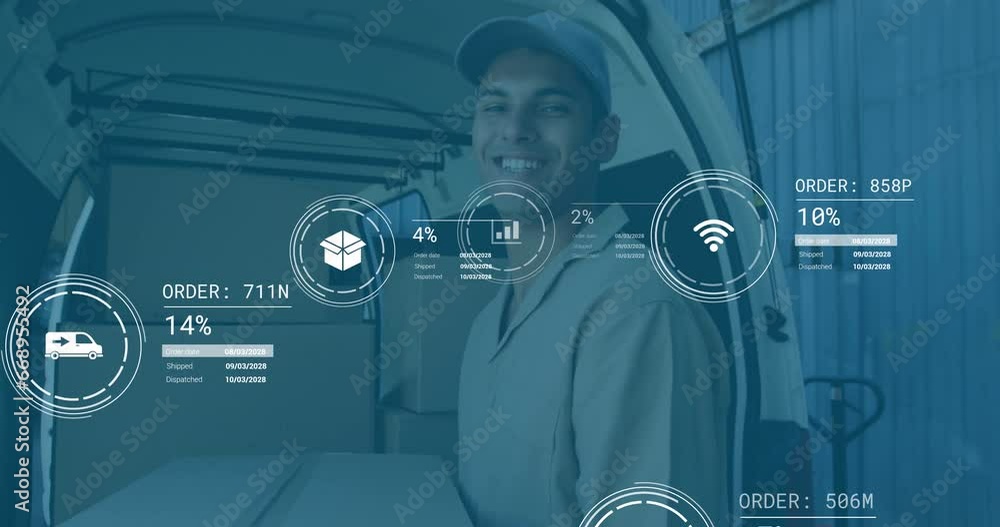 Aufkleber animation of data processing against portrait of caucasian delivery man holding boxes smiling