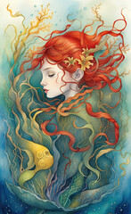 Watercolor illustration of seaweed and underwater fantastic fish, beautiful jellyfish, seashells in the depths of the ocean, poster booklet, t-shirt print, creative illustration for design