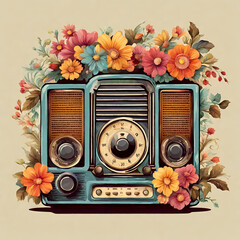 Old  vintage retro style radio receiver with colorful summer flowers and green leaves. Boho style design