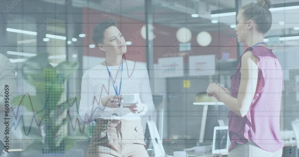 Poster animation of statistical data processing against two diverse women discussing at office