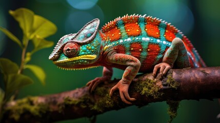 A colorful chameleon perched on a branch. Generative AI - obrazy, fototapety, plakaty