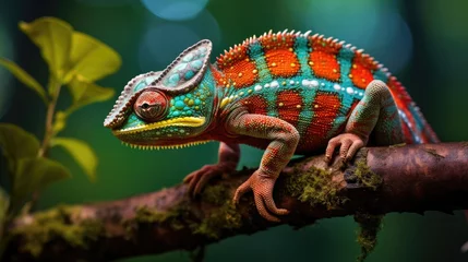 Tuinposter A colorful chameleon perched on a branch. Generative AI © kardaska