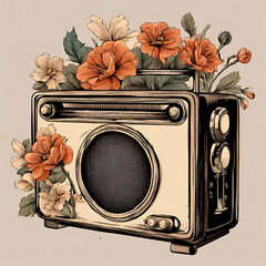 Old  vintage retro style radio receiver with colorful summer flowers and green leaves. Boho style design