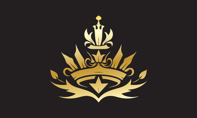 gold black shield with crown and a crown, in the style of decorative, logo