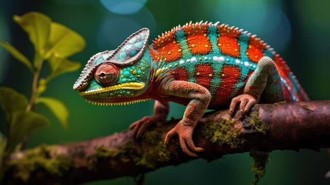 A colorful chameleon perched on a branch. Generative AI