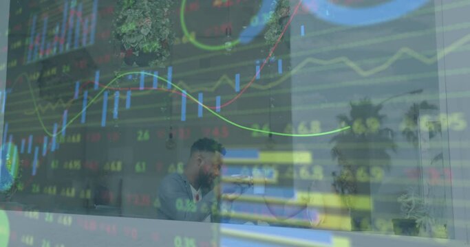 Animation of stock market data processing on african american businessman drinking coffee at office