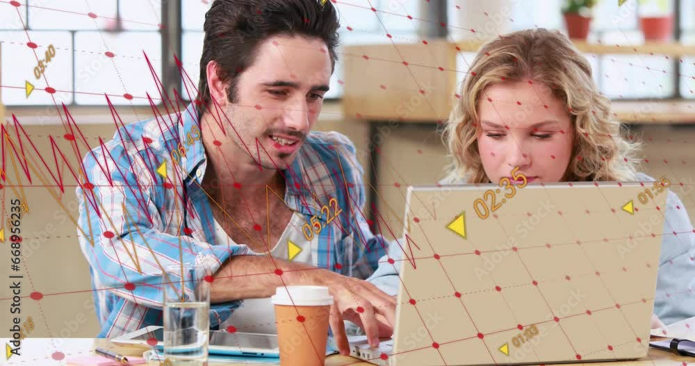 Poster animation of statistical data processing against diverse man and woman using laptop at office