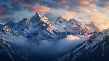 Fototapeta premium Mountain peak landscape with snow and clouds at sunrise