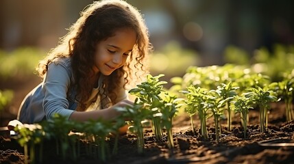 Little girl with vegetable plants farming and gardening concept. Daughter planting vegetable in home garden field use for people family - obrazy, fototapety, plakaty